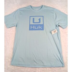 Huk Stacked Logo Tee Shirt Men's M Light Blue Crew Neck Fishing New